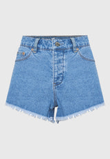 Pantaloni scurți din denim pentru femei cu margini brute - Albastru deschis