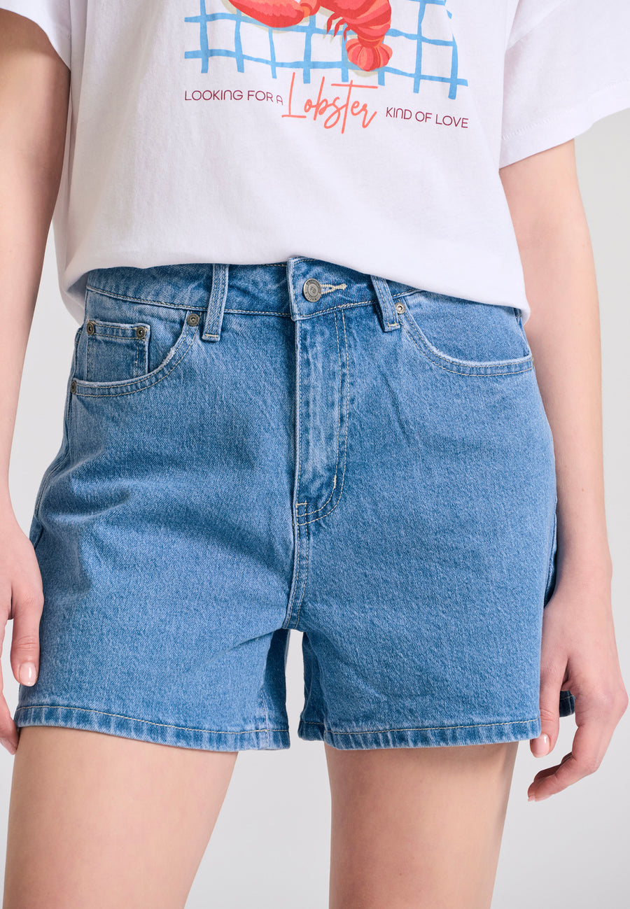 Pantaloni scurți din denim pentru femei cu decolorare ușoară - Albastru deschis
