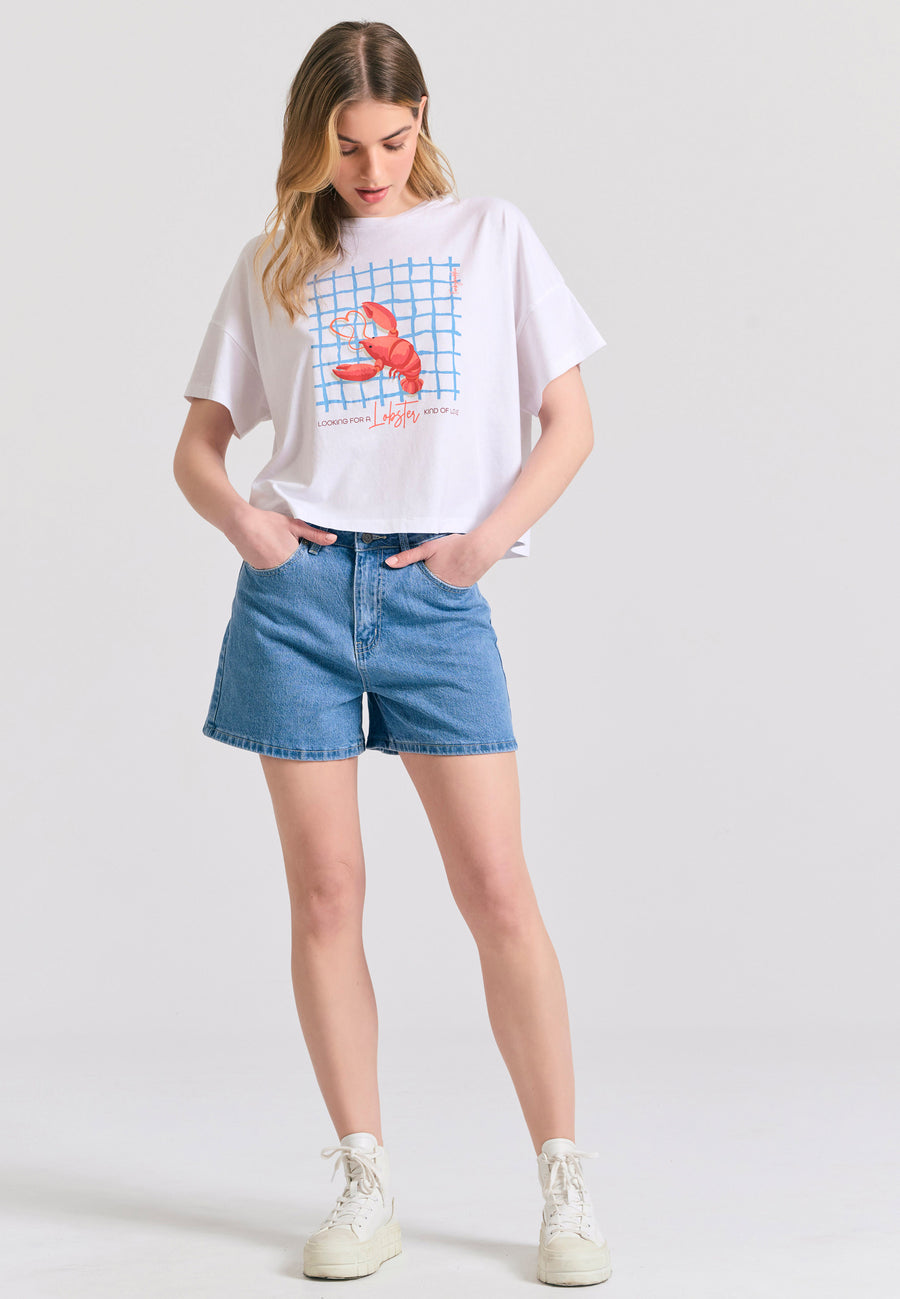 Pantaloni scurți din denim pentru femei cu decolorare ușoară - Albastru deschis