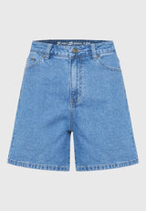 Pantaloni scurți din denim pentru femei cu decolorare ușoară - Albastru deschis