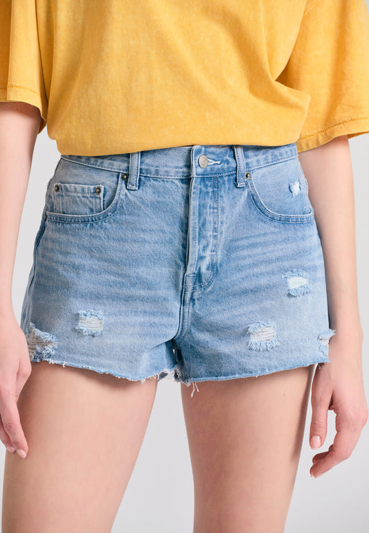Women's denim shorts with destroyed effects - Lt blue