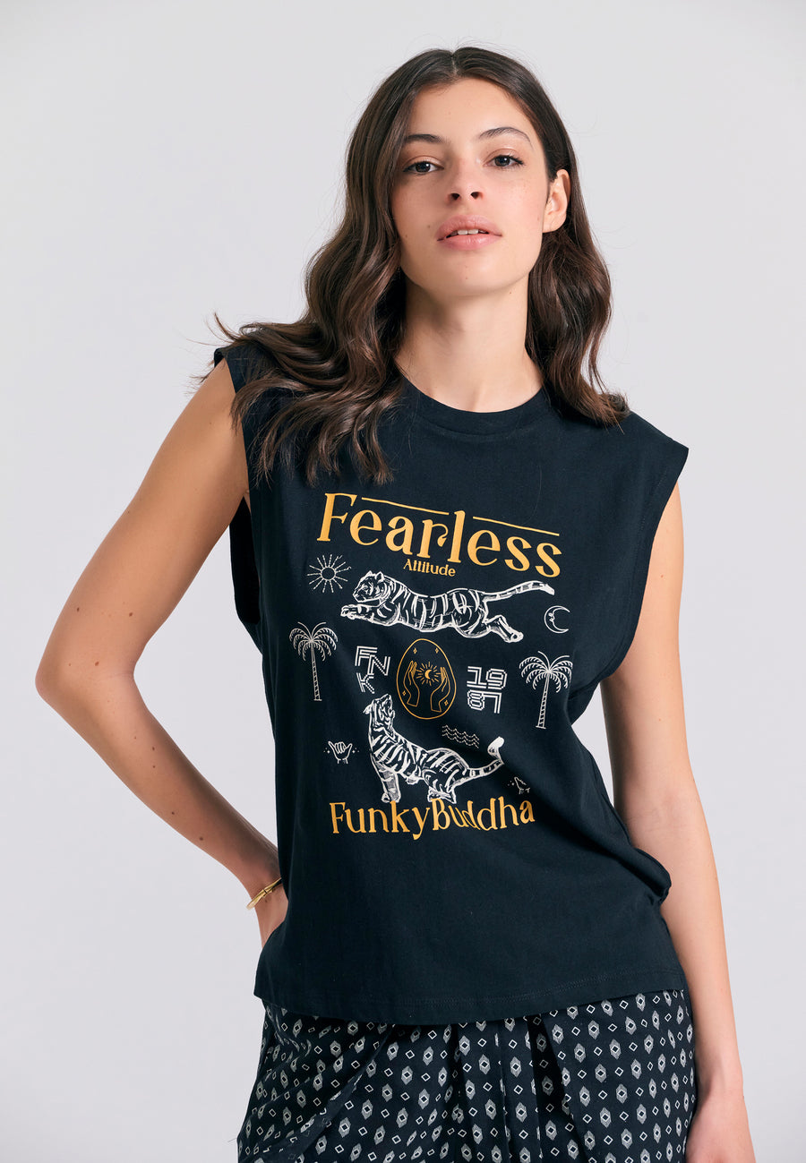 Tricou de damă cu imprimeu exotic - Negru