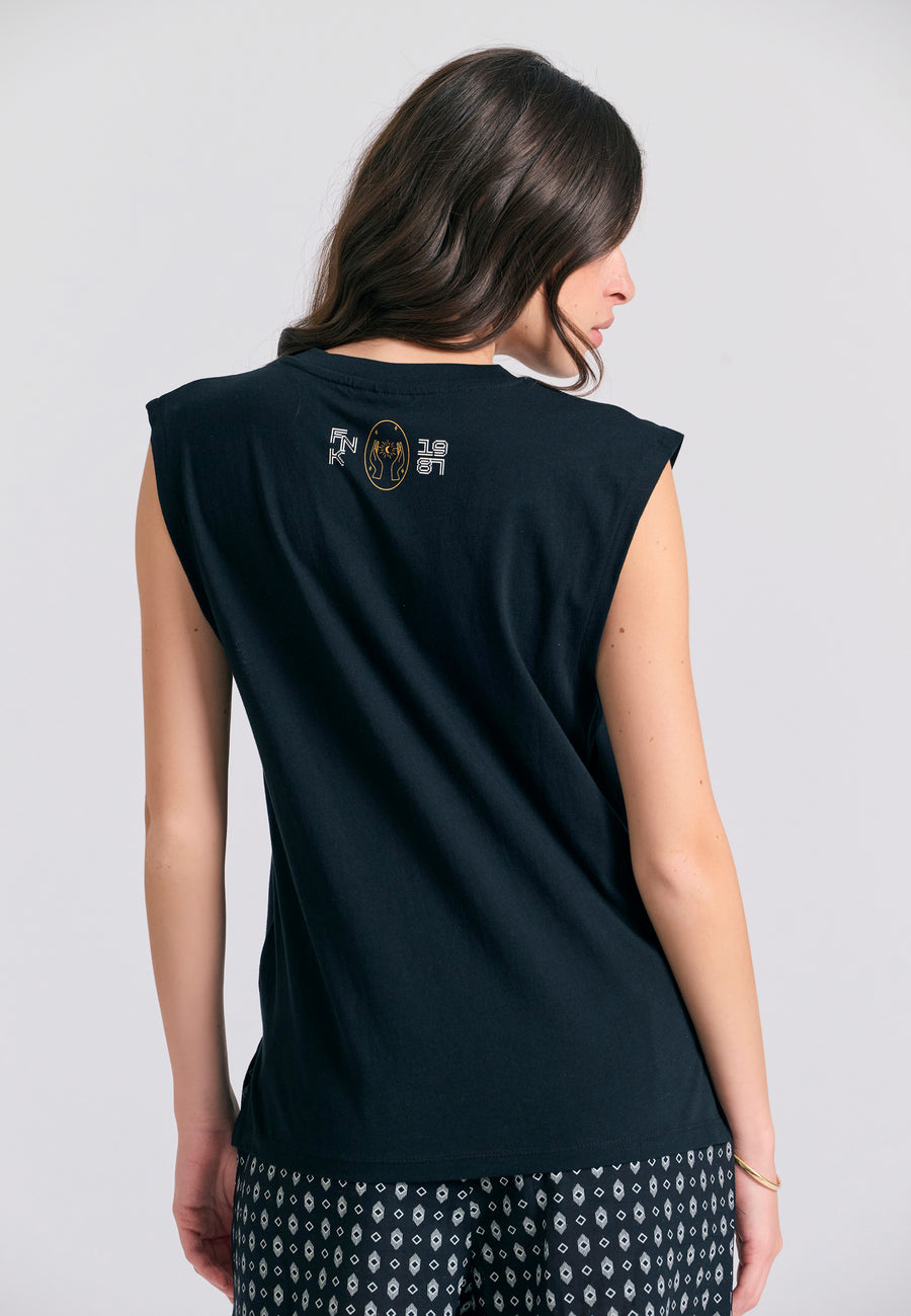 Tricou de damă cu imprimeu exotic - Negru