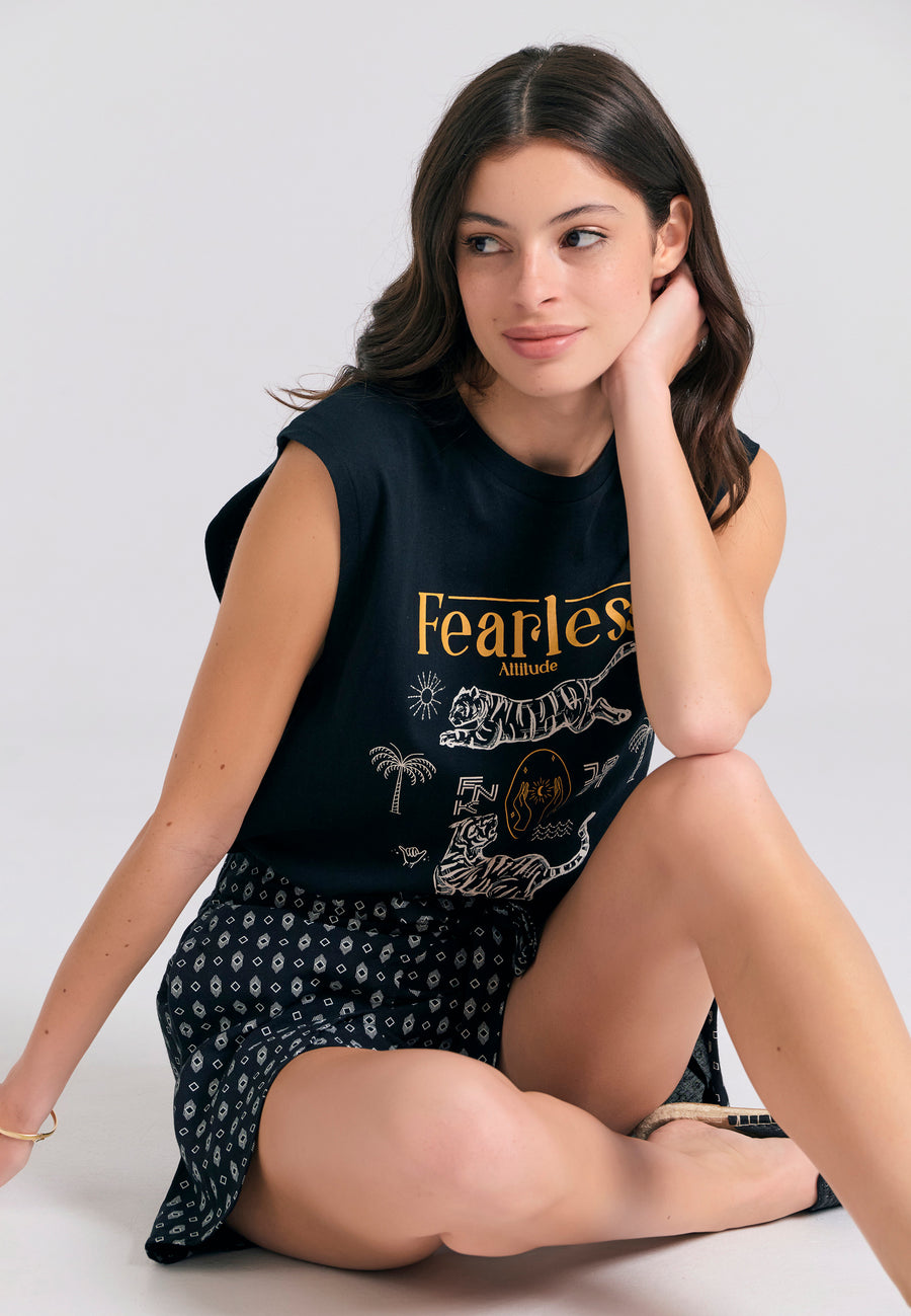 Tricou de damă cu imprimeu exotic - Negru