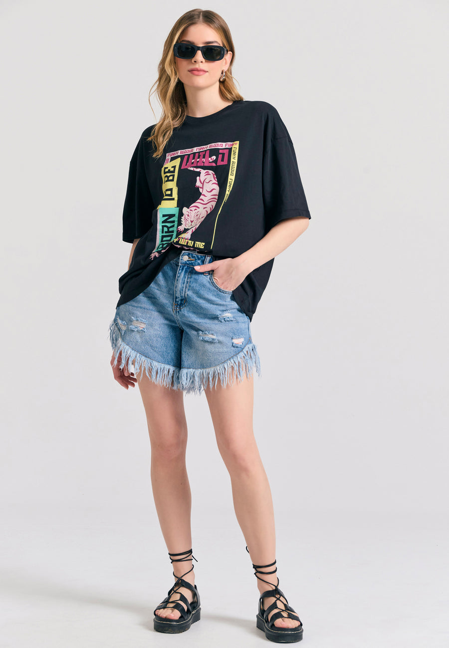 Pantaloni scurți din denim boyfriend pentru femei cu rupturi - Albastru deschis