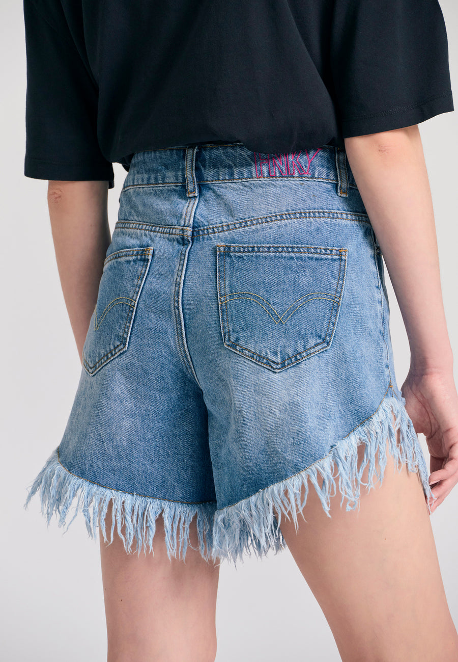 Pantaloni scurți din denim boyfriend pentru femei cu rupturi - Albastru deschis