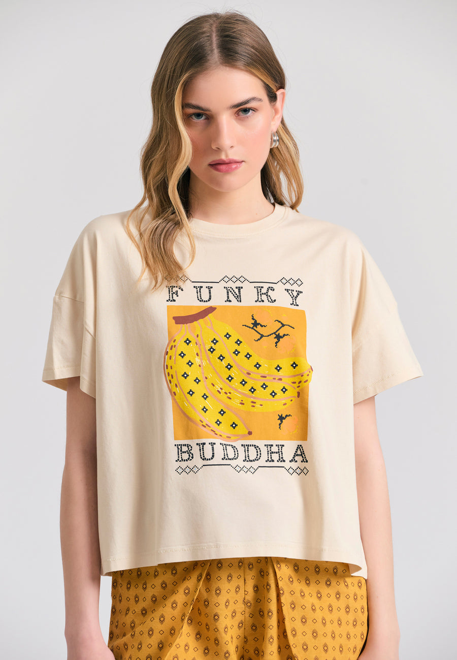 Tricou de damă cu croială lejeră din bumbac organic și imprimeu pe piept - Chalk