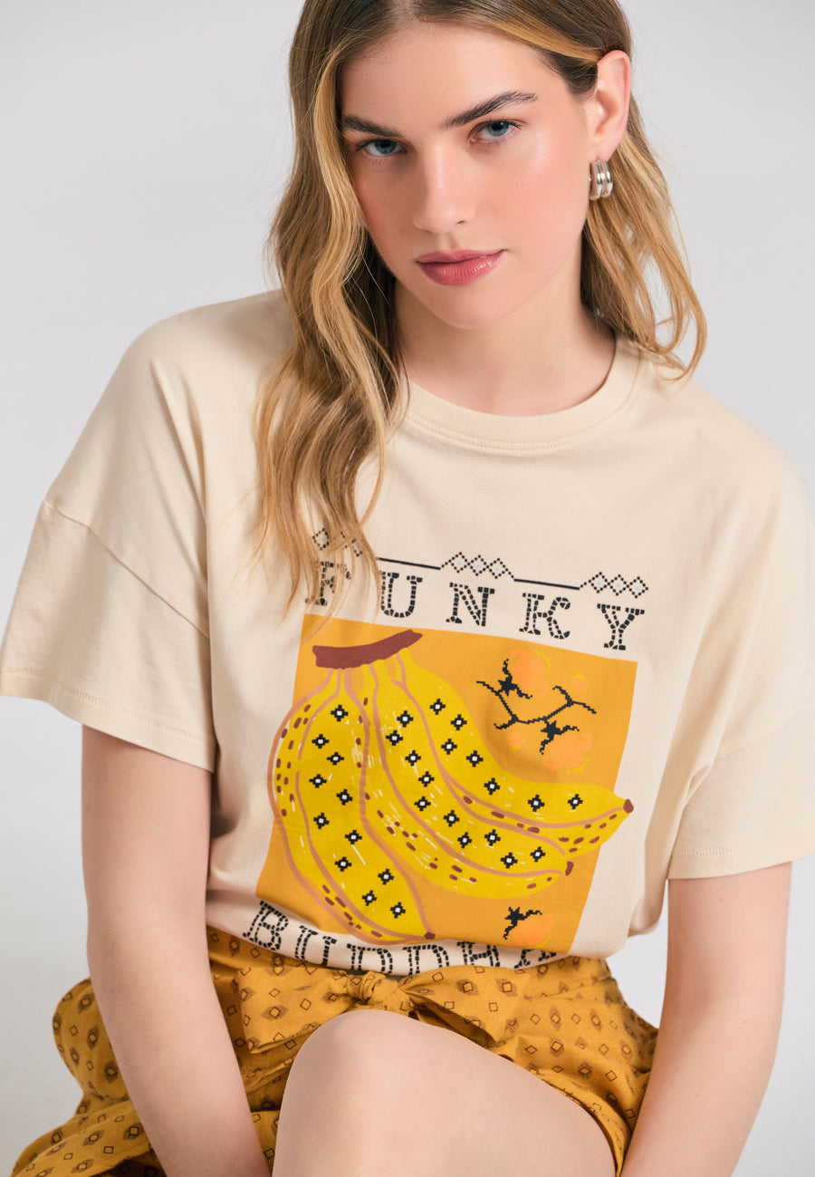 Tricou de damă cu croială lejeră din bumbac organic și imprimeu pe piept - Chalk