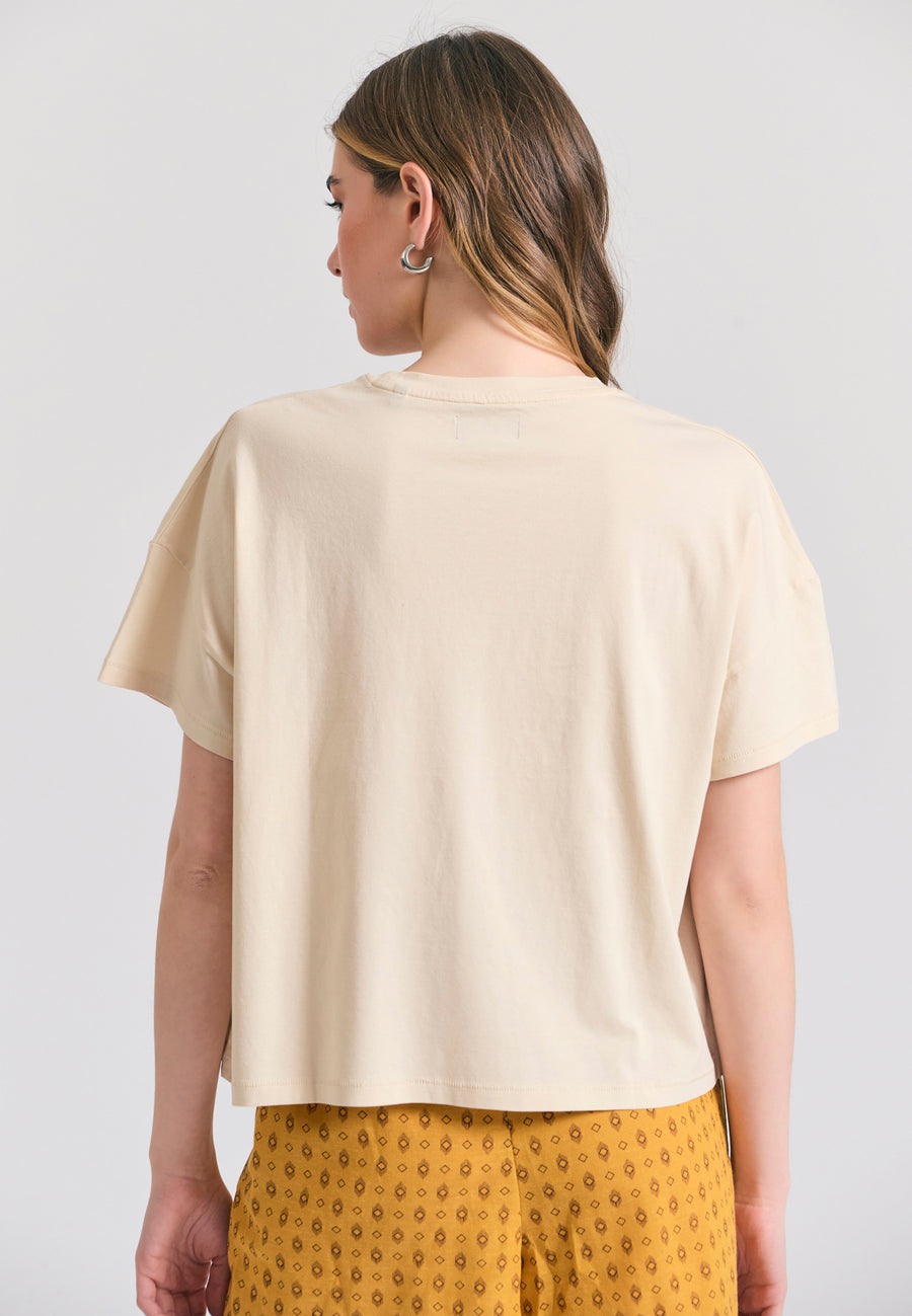 Tricou de damă cu croială lejeră din bumbac organic și imprimeu pe piept - Chalk