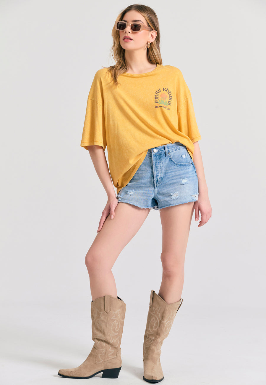 Tricou supradimensionat vopsit în haine cu imprimeu pe spate - Muștar