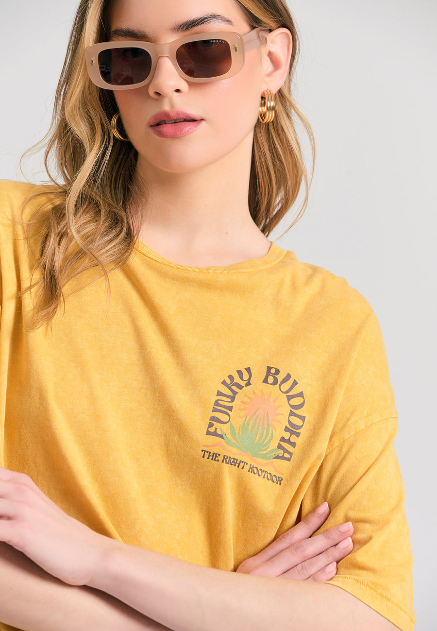 Tricou supradimensionat vopsit în haine cu imprimeu pe spate - Muștar