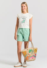 Garment dyed denim shorts with ruffle waist - Mint