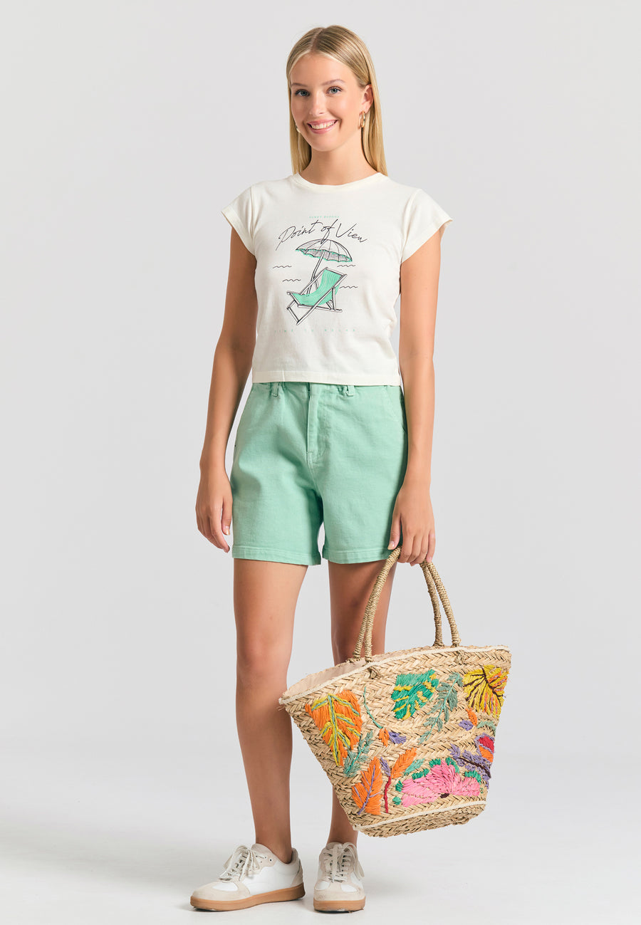 Garment dyed denim shorts with ruffle waist - Mint
