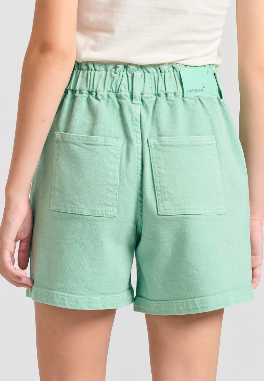 Garment dyed denim shorts with ruffle waist - Mint