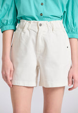 Garment dyed denim shorts with ruffle waist - White