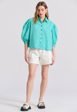 Garment dyed denim shorts with ruffle waist - White