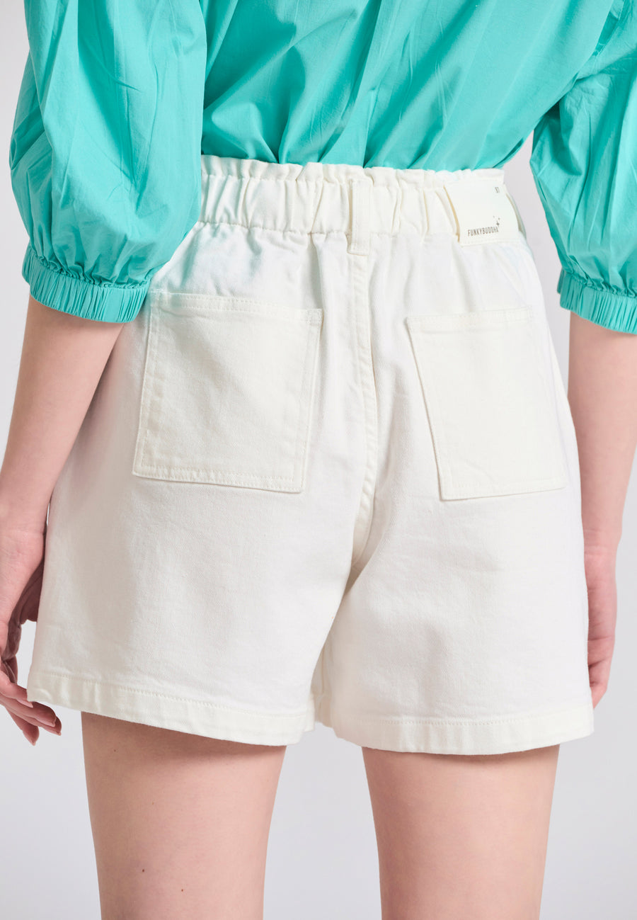 Garment dyed denim shorts with ruffle waist - White