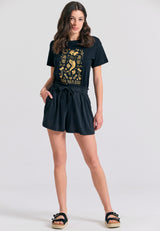 Tricou de damă cu imprimeu exotic - Negru