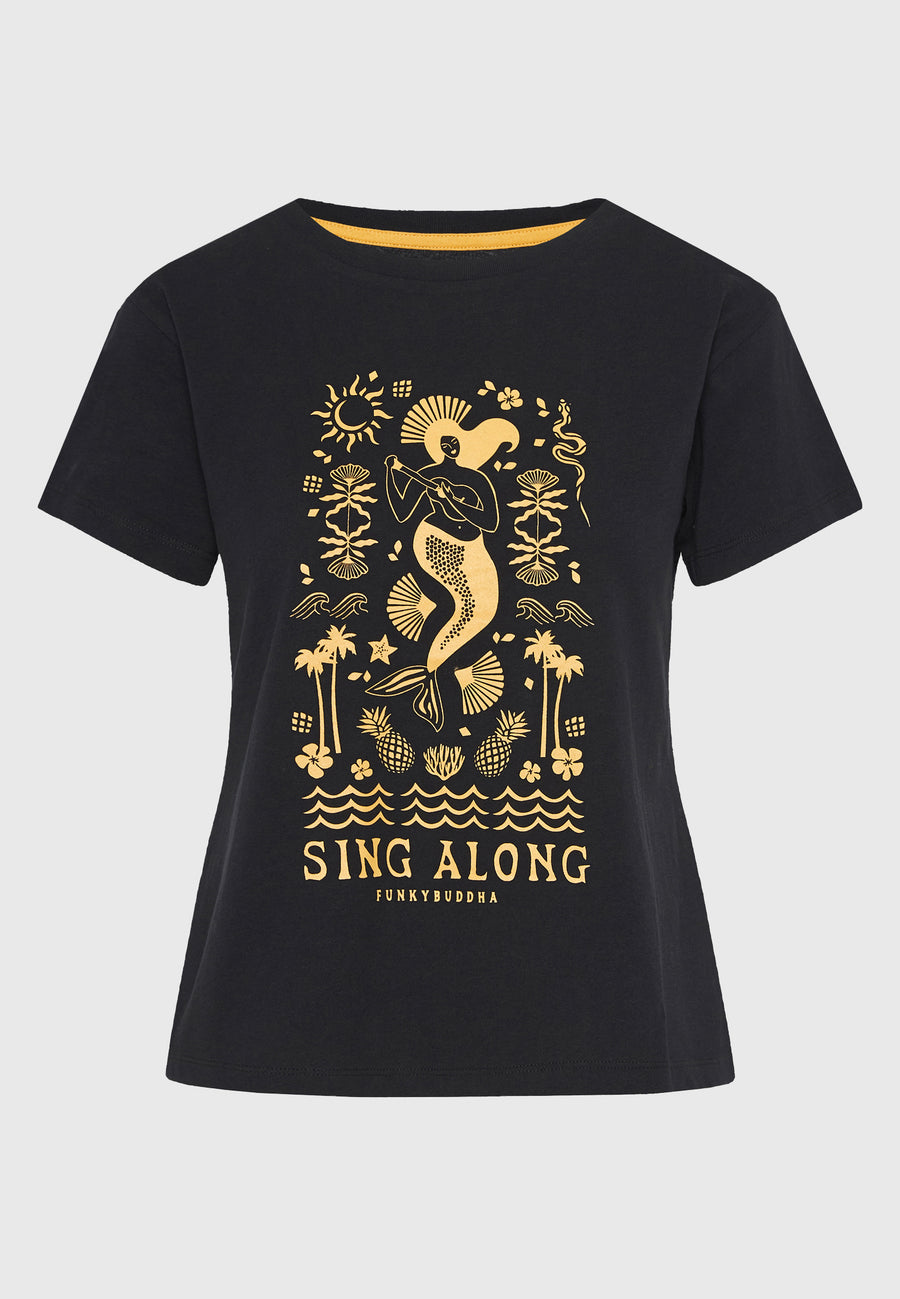 Tricou de damă cu imprimeu exotic - Negru