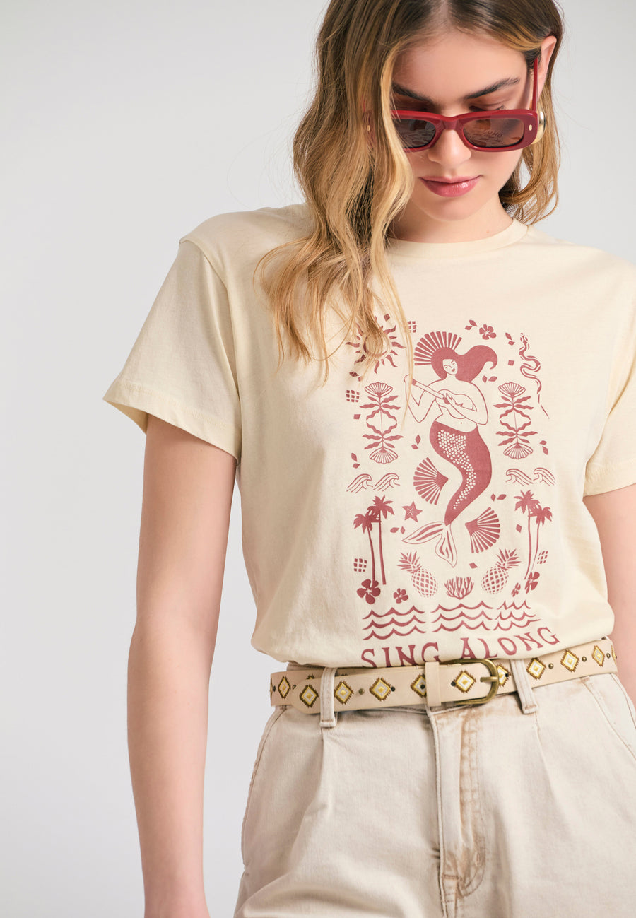 Tricou de damă cu imprimeu exotic - Chalk