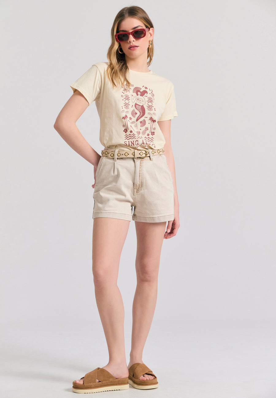 Tricou de damă cu imprimeu exotic - Chalk
