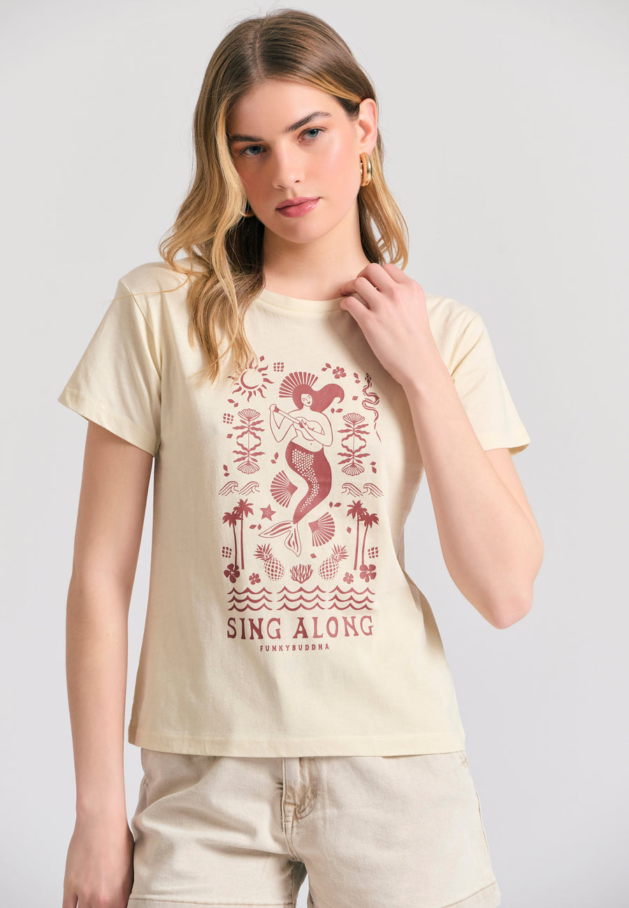 Tricou de damă cu imprimeu exotic - Chalk