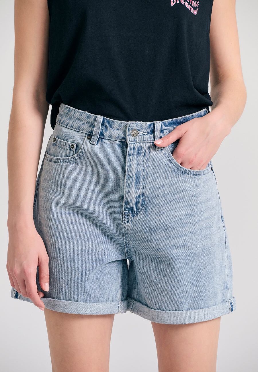 Pantaloni scurți din denim pentru femei cu detalii cu mustăți - Albastru deschis