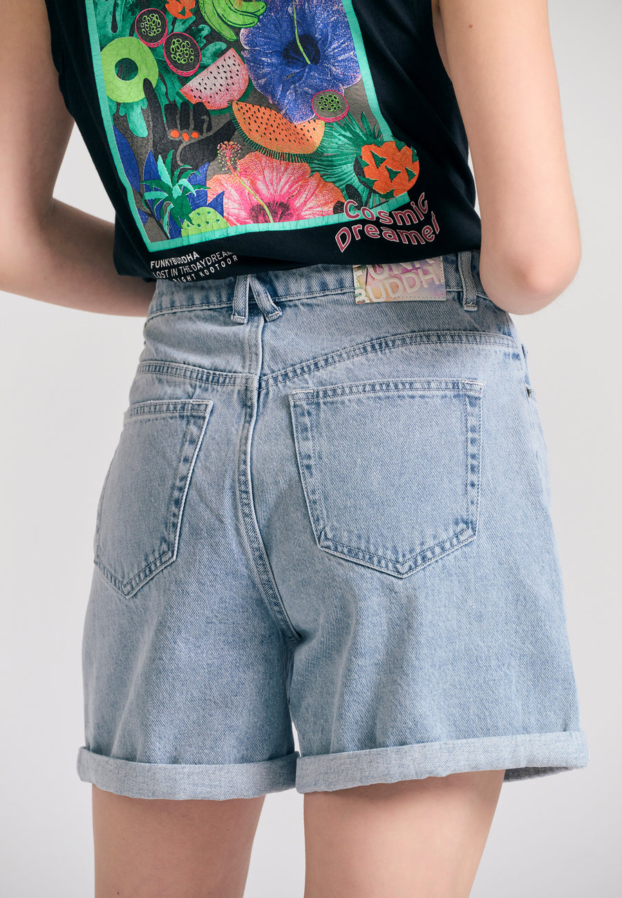 Pantaloni scurți din denim pentru femei cu detalii cu mustăți - Albastru deschis