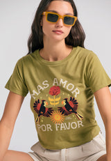 Tricou vopsit în textil cu imprimeu exotic - Verde ierburi