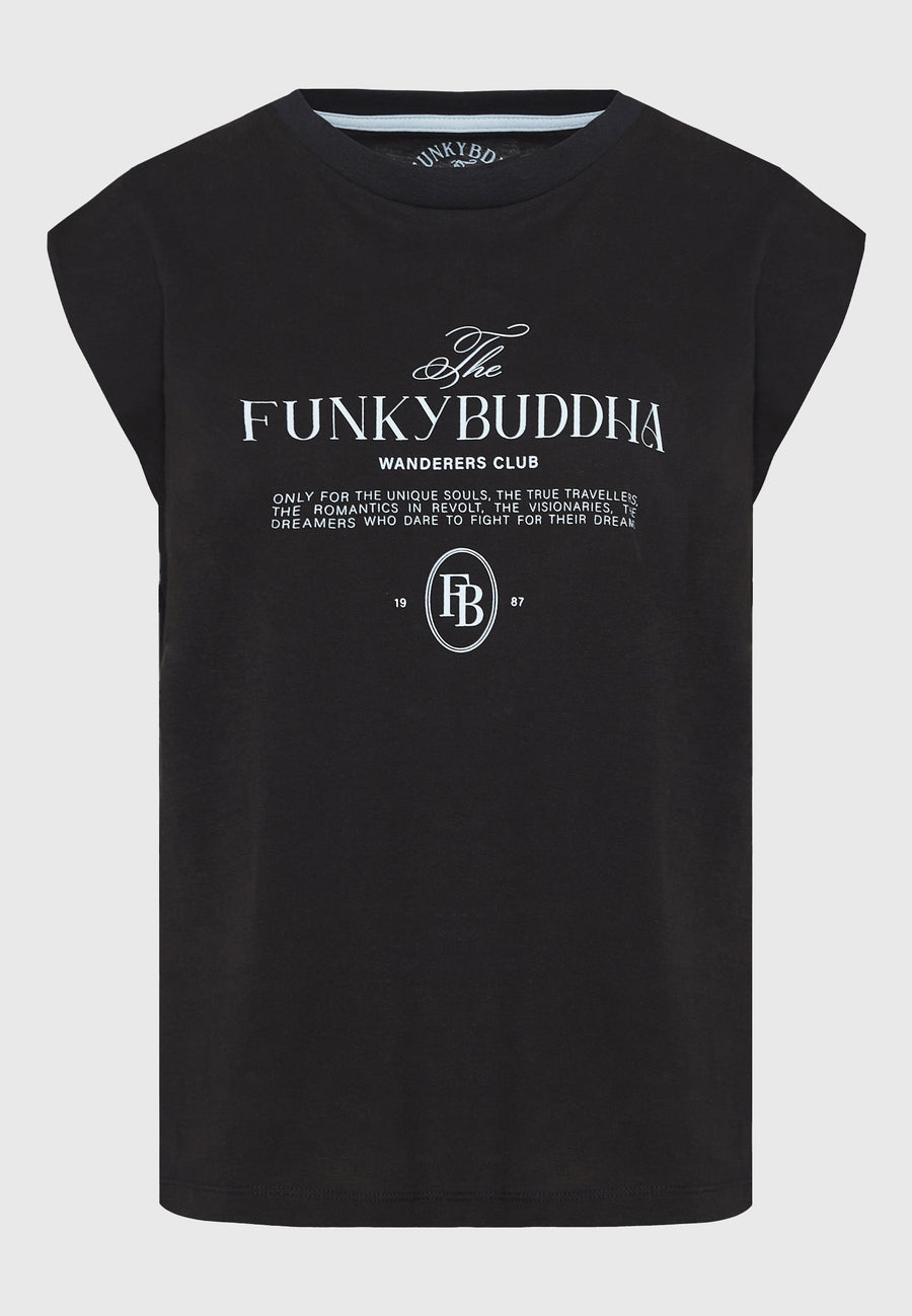 Tricou de damă cu guler rotund și imprimeu pe piept - Negru