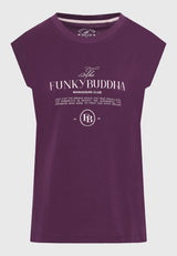 Tricou de damă cu guler rotund și imprimeu pe piept - Prună