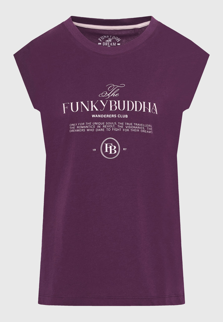 Tricou de damă cu guler rotund și imprimeu pe piept - Prună