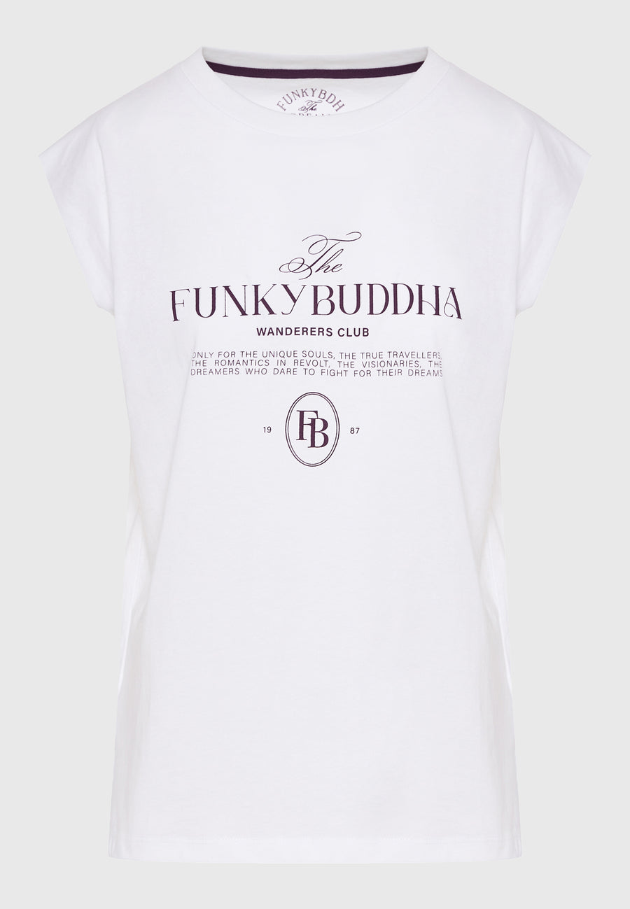 Tricou de damă cu guler rotund și imprimeu pe piept - Alb