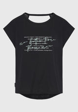 Tricou de damă cu imprimeu artistic și spate deschis - Negru