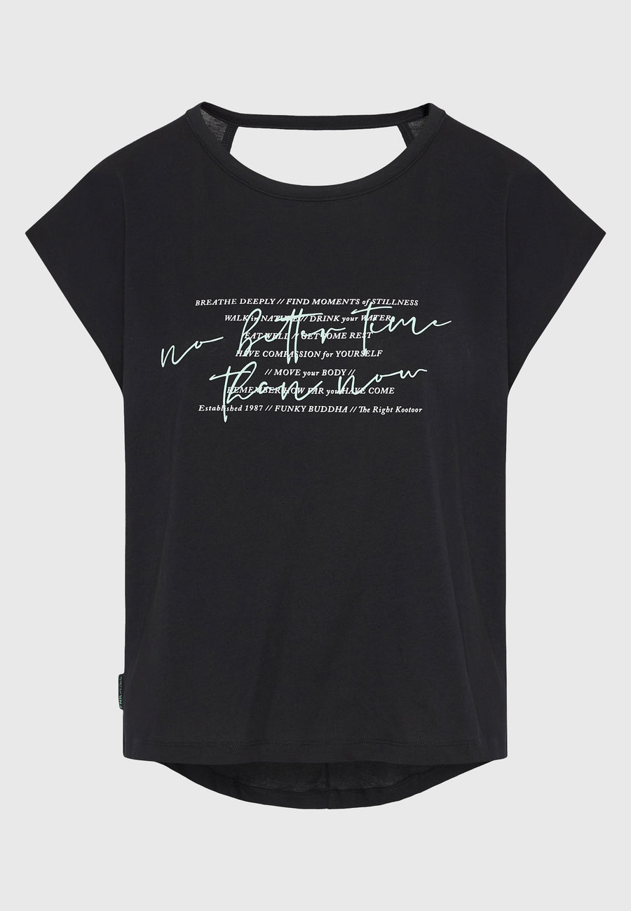 Tricou de damă cu imprimeu artistic și spate deschis - Negru
