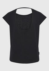 Tricou de damă cu imprimeu artistic și spate deschis - Negru