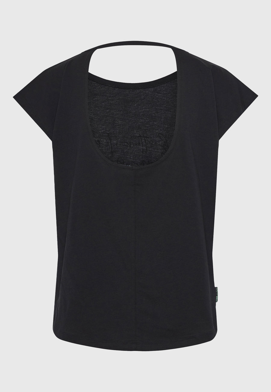 Tricou de damă cu imprimeu artistic și spate deschis - Negru