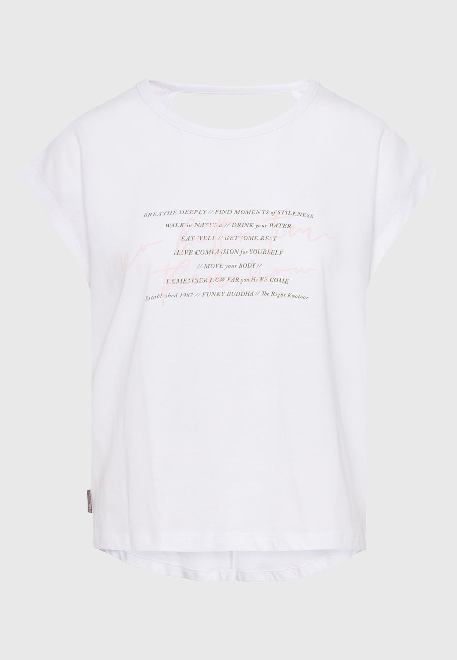 Tricou de damă cu imprimeu artistic și spate deschis - Alb