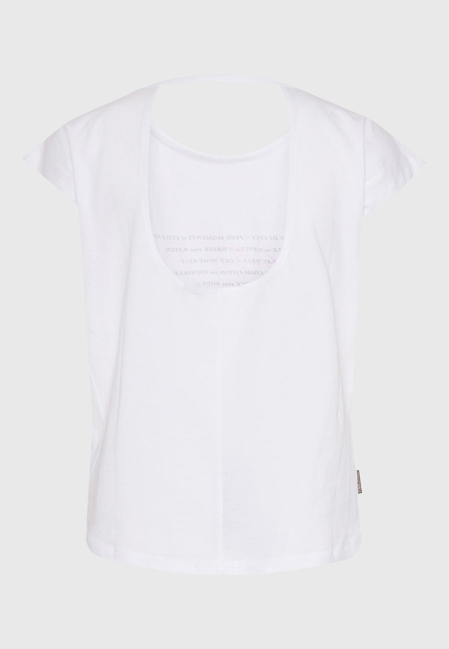 Tricou de damă cu imprimeu artistic și spate deschis - Alb