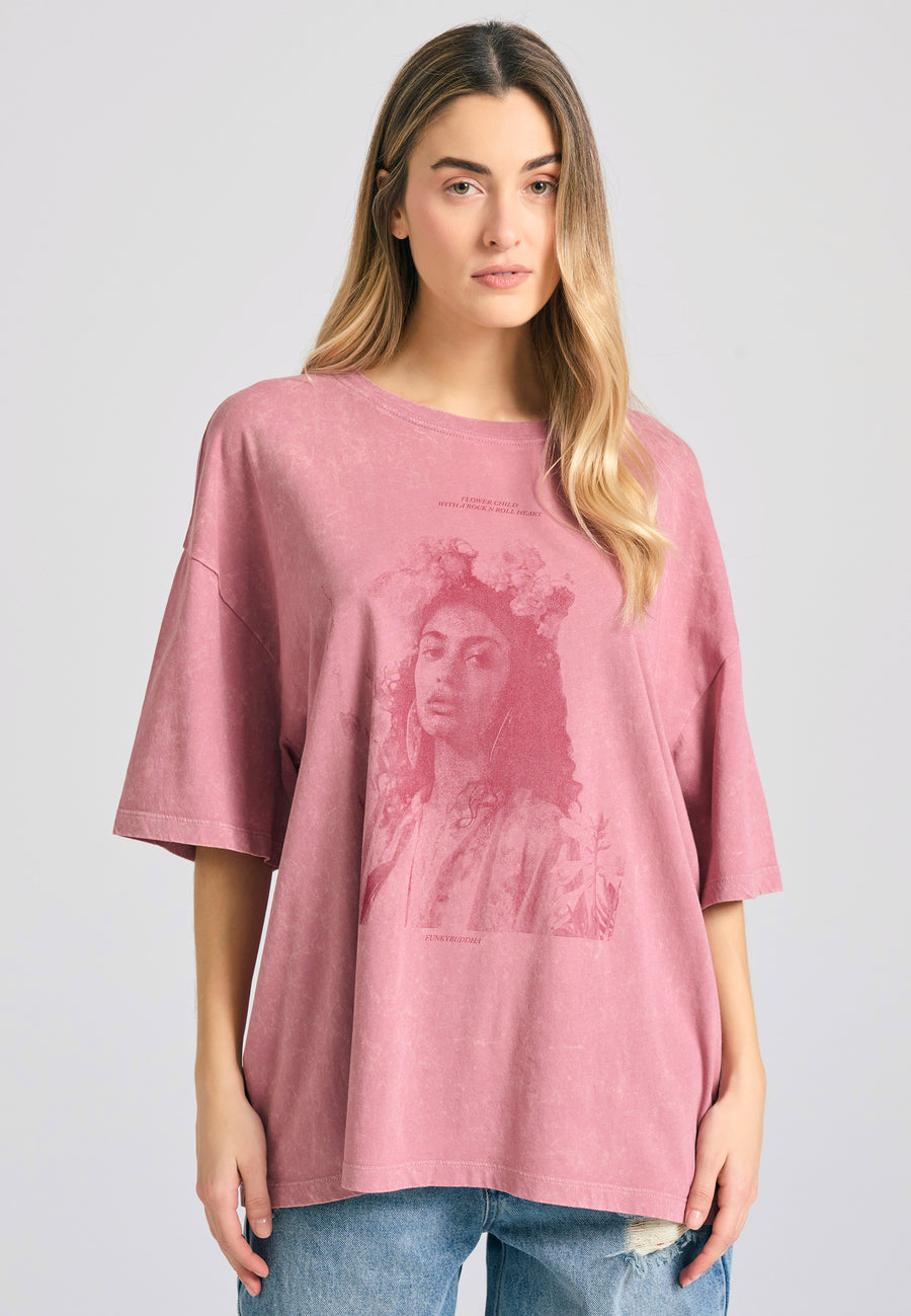 Tricou supradimensionat vopsit în haine cu imprimeu vintage - Roz prăfuit