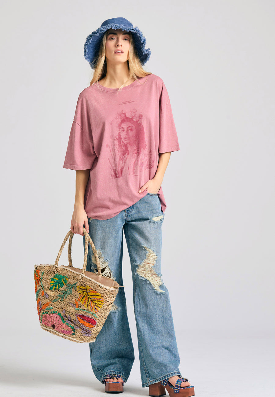 Tricou supradimensionat vopsit în haine cu imprimeu vintage - Roz prăfuit