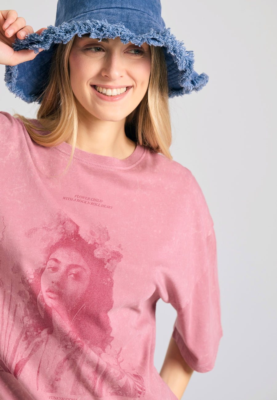 Tricou supradimensionat vopsit în haine cu imprimeu vintage - Roz prăfuit