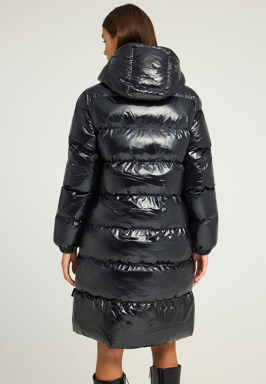 Jachetă lungă pufoasă cu croială regulată și glugă