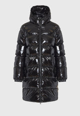 Jachetă lungă pufoasă cu croială regulată și glugă