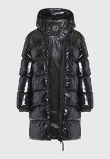 Jachetă lungă pufoasă cu croială regulată și glugă