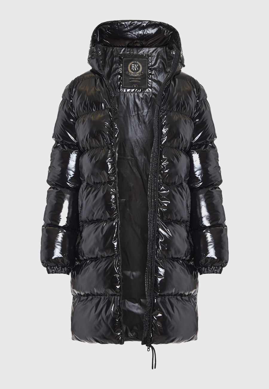 Jachetă lungă pufoasă cu croială regulată și glugă