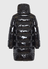 Jachetă lungă pufoasă cu croială regulată și glugă