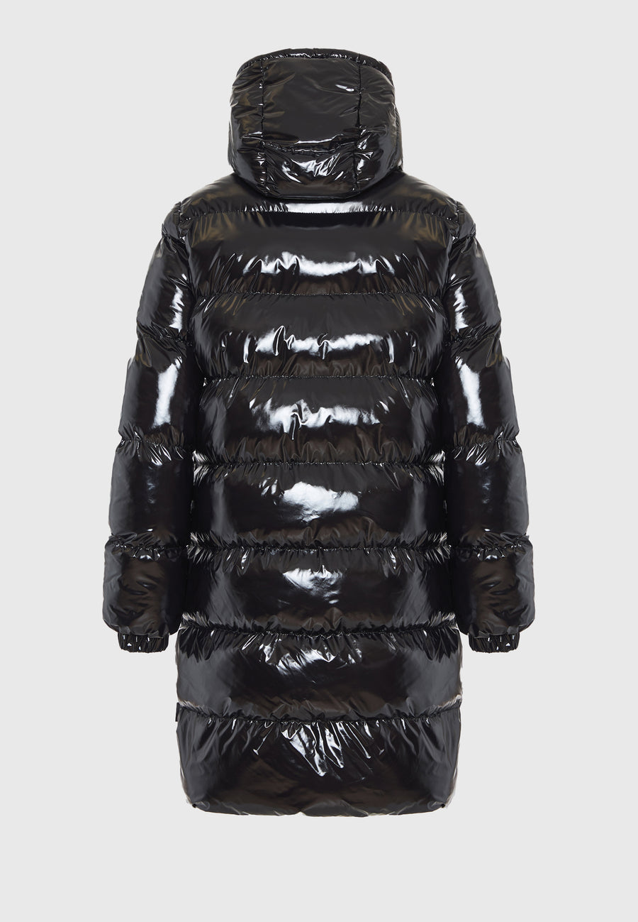 Jachetă lungă pufoasă cu croială regulată și glugă