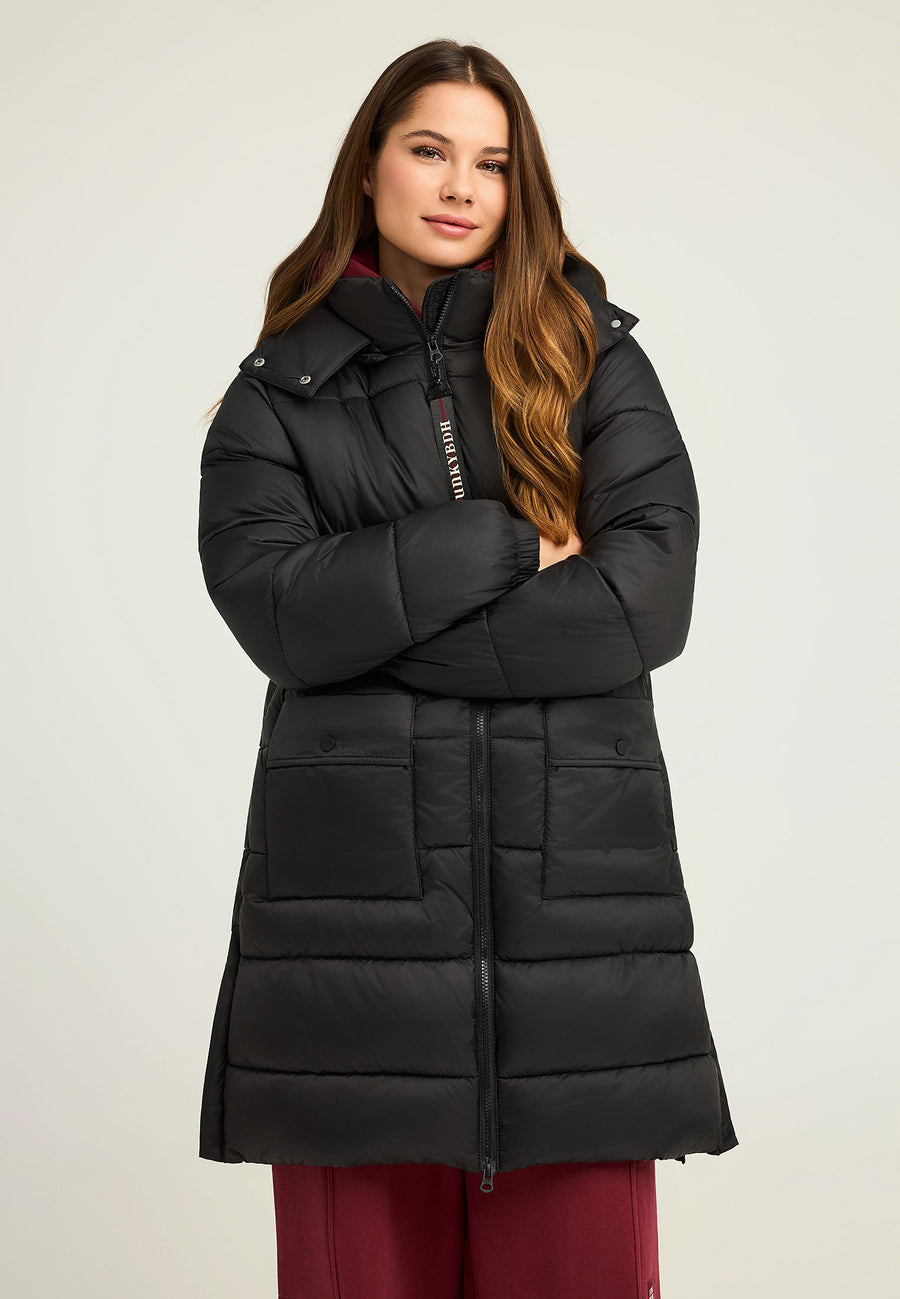 Jachetă lungă pufoasă cu croială regulată și glugă