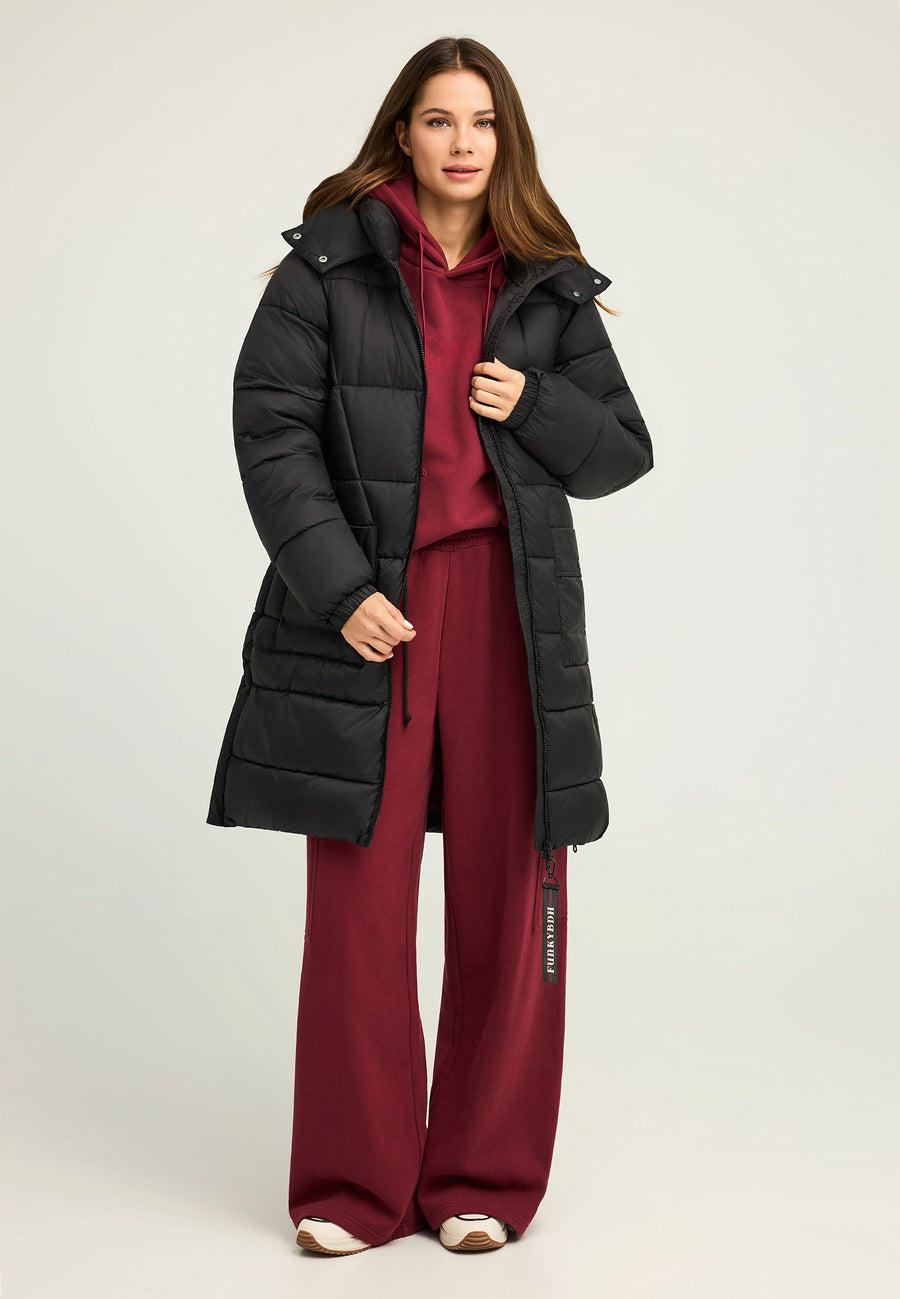 Jachetă lungă pufoasă cu croială regulată și glugă